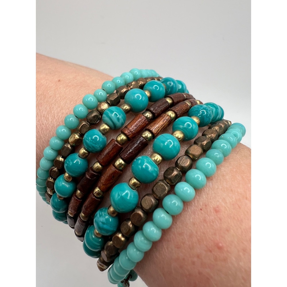 Boho Western Southwestern Turquoise Wood Beaded Wrap Bracelet oS